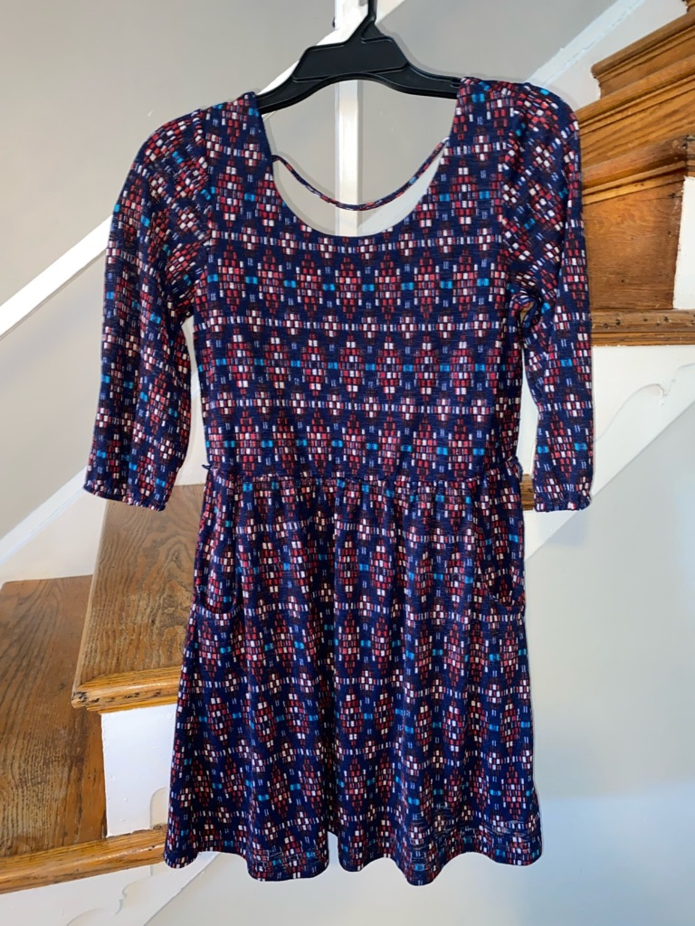 Red Camel Navy Geometric Print Long Sleeve Flare Dress Red & Blue Size M